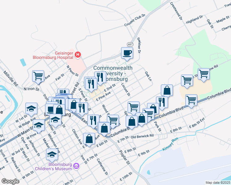 map of restaurants, bars, coffee shops, grocery stores, and more near 560 East 3rd Street in Bloomsburg