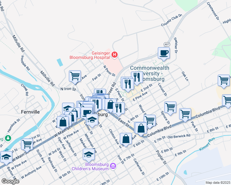map of restaurants, bars, coffee shops, grocery stores, and more near 361 East 2nd Street in Bloomsburg