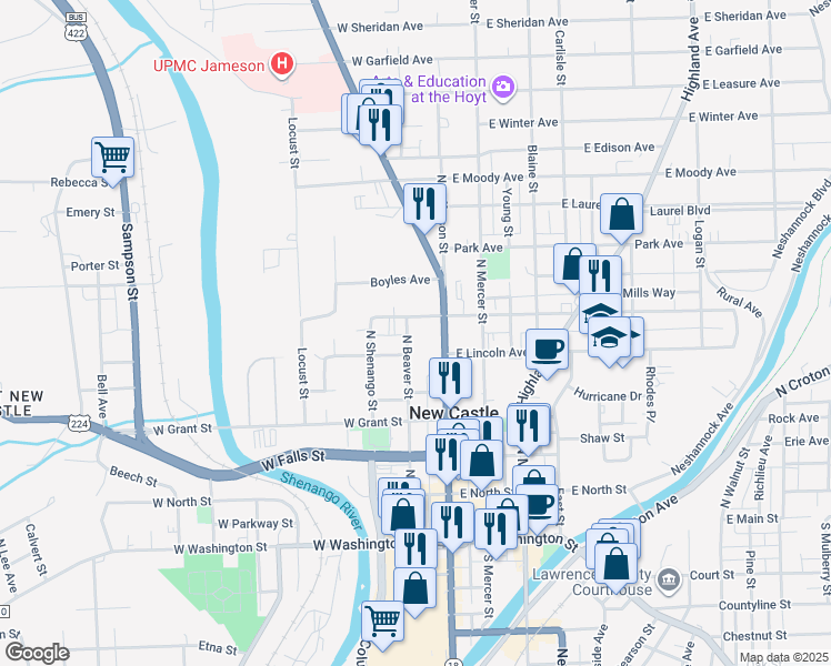 map of restaurants, bars, coffee shops, grocery stores, and more near 102 West Lincoln Avenue in New Castle