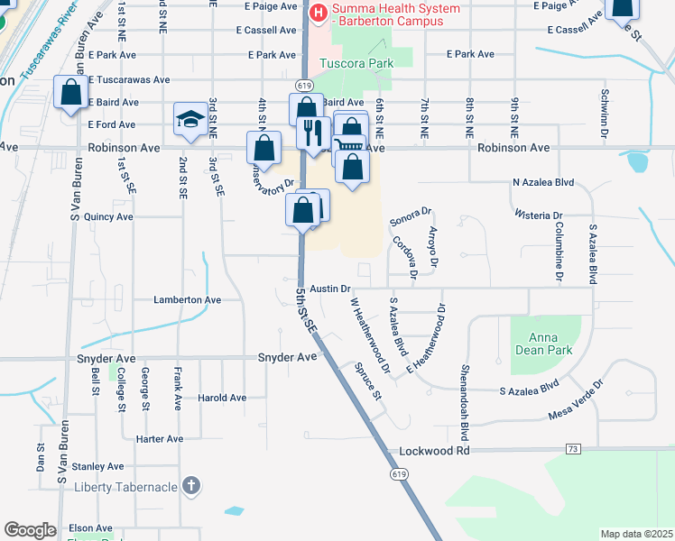 map of restaurants, bars, coffee shops, grocery stores, and more near 487 Austin Drive in Barberton