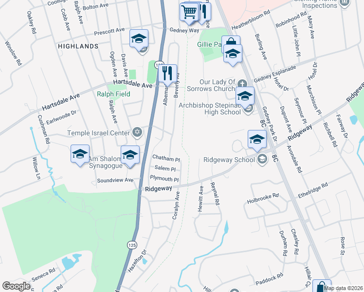 map of restaurants, bars, coffee shops, grocery stores, and more near White Plains Greenway in White Plains