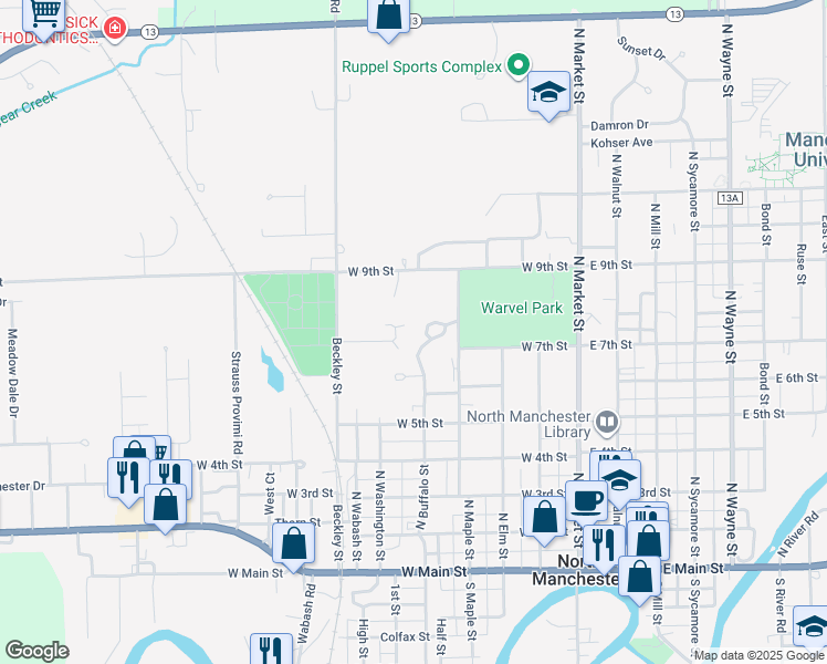 map of restaurants, bars, coffee shops, grocery stores, and more near 400 West 7th Street in North Manchester