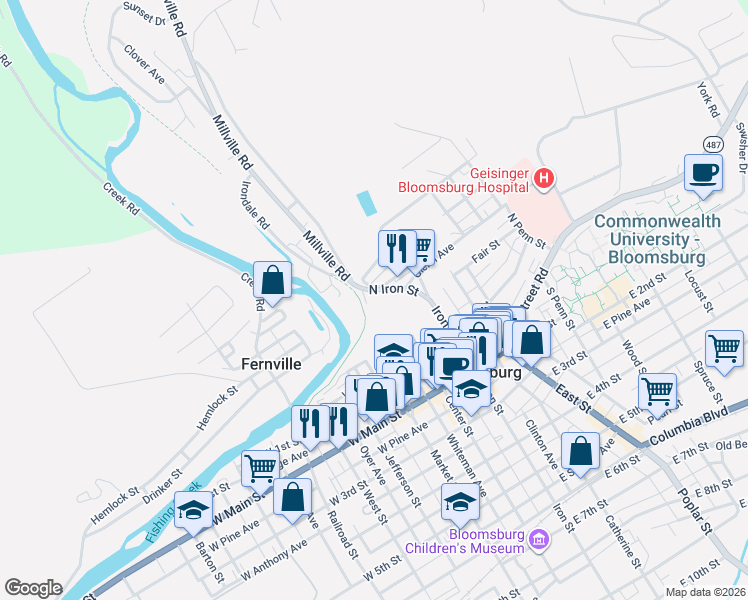 map of restaurants, bars, coffee shops, grocery stores, and more near 78 North Iron Street in Bloomsburg