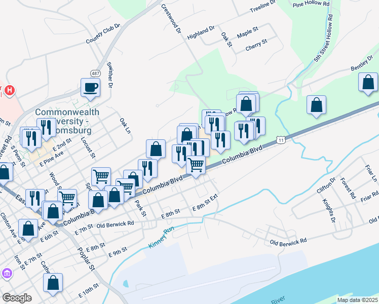 map of restaurants, bars, coffee shops, grocery stores, and more near 1005 Scott Town Plaza in Bloomsburg
