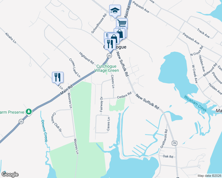 map of restaurants, bars, coffee shops, grocery stores, and more near 1370 Cases Lane in Cutchogue