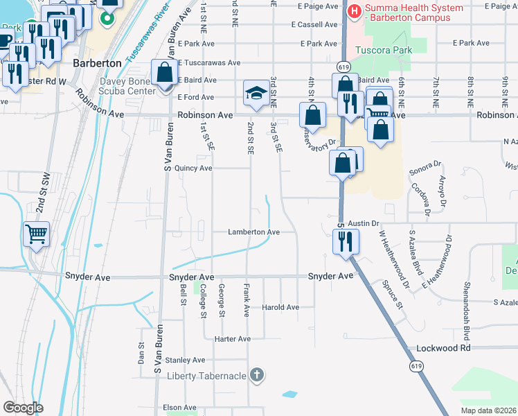 map of restaurants, bars, coffee shops, grocery stores, and more near 178 2nd Street Southeast in Barberton