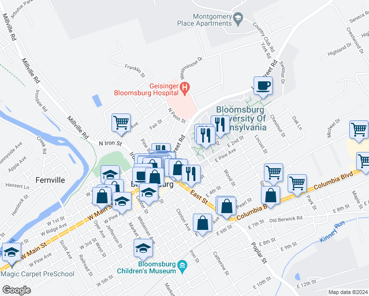 map of restaurants, bars, coffee shops, grocery stores, and more near 396 Penn Argyle Avenue in Bloomsburg