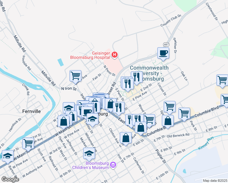 map of restaurants, bars, coffee shops, grocery stores, and more near 394 Penn Argyle Avenue in Bloomsburg
