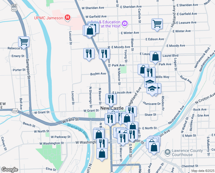 map of restaurants, bars, coffee shops, grocery stores, and more near 401 North Jefferson Street in New Castle