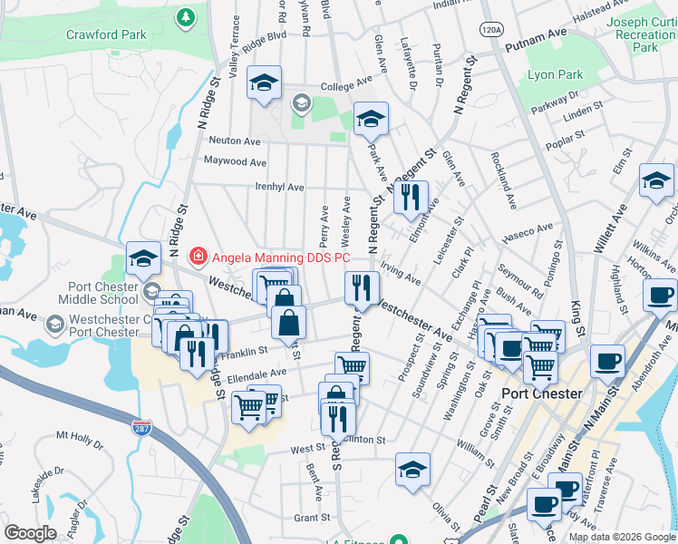 map of restaurants, bars, coffee shops, grocery stores, and more near 445 Westchester Avenue in Port Chester