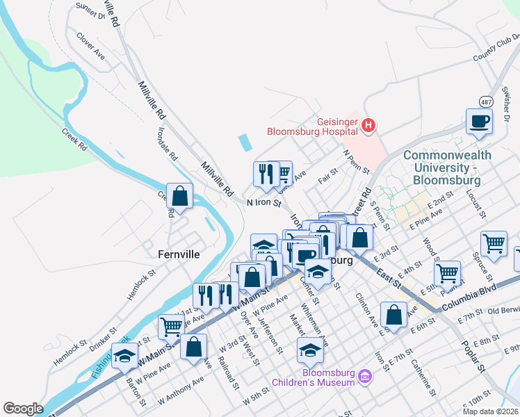 map of restaurants, bars, coffee shops, grocery stores, and more near 78 N Iron St in Bloomsburg