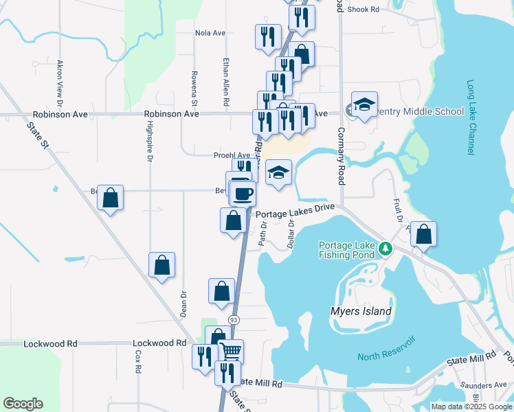 map of restaurants, bars, coffee shops, grocery stores, and more near 3451 Manchester Road in Akron