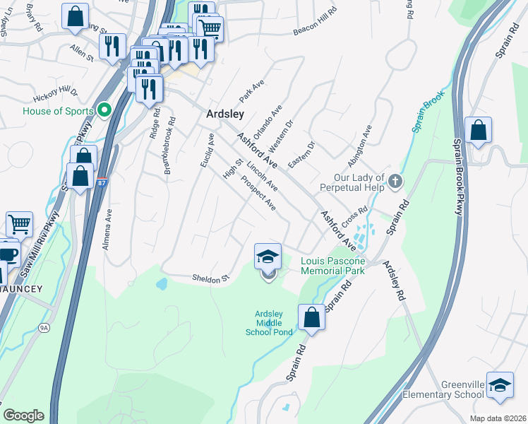 map of restaurants, bars, coffee shops, grocery stores, and more near 12 Sheldon Street in Ardsley
