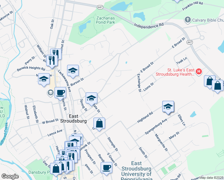 map of restaurants, bars, coffee shops, grocery stores, and more near 222 East Broad Street in East Stroudsburg