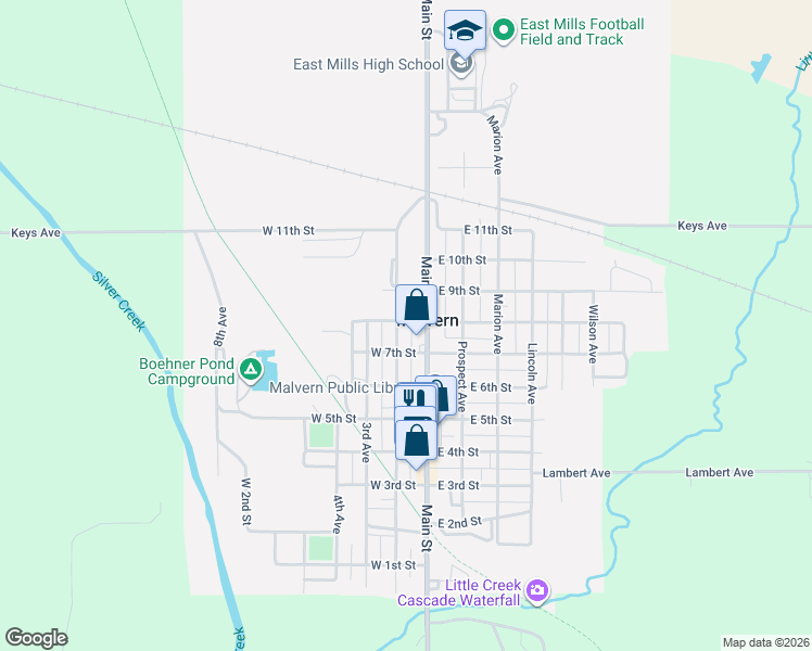 map of restaurants, bars, coffee shops, grocery stores, and more near 106 West 7th Street in Malvern