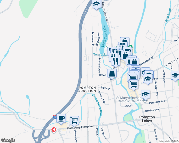 map of restaurants, bars, coffee shops, grocery stores, and more near 430 Montclair Avenue in Pompton Lakes