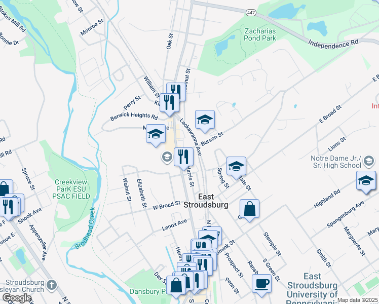map of restaurants, bars, coffee shops, grocery stores, and more near 240 Harris Street in East Stroudsburg