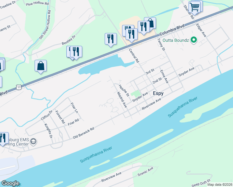 map of restaurants, bars, coffee shops, grocery stores, and more near 290 Madrid Ave in Bloomsburg