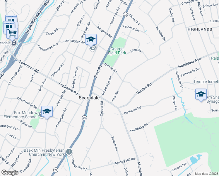 map of restaurants, bars, coffee shops, grocery stores, and more near 12 Cambridge Road in Scarsdale