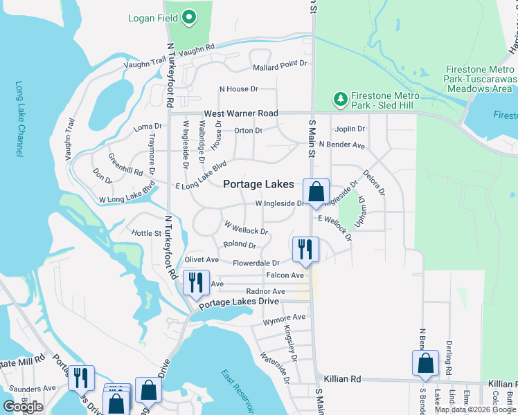 map of restaurants, bars, coffee shops, grocery stores, and more near 99 Winthrop Drive in Akron