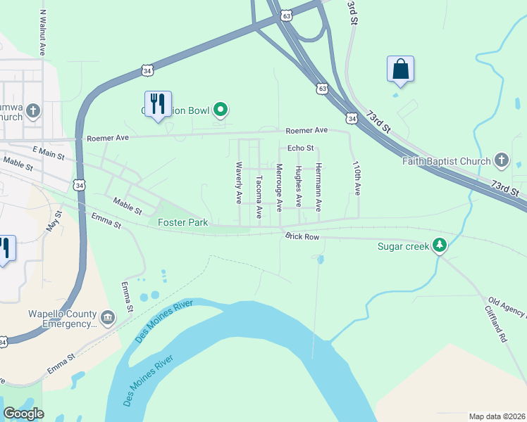 map of restaurants, bars, coffee shops, grocery stores, and more near 2701-2805 E Main St in Ottumwa
