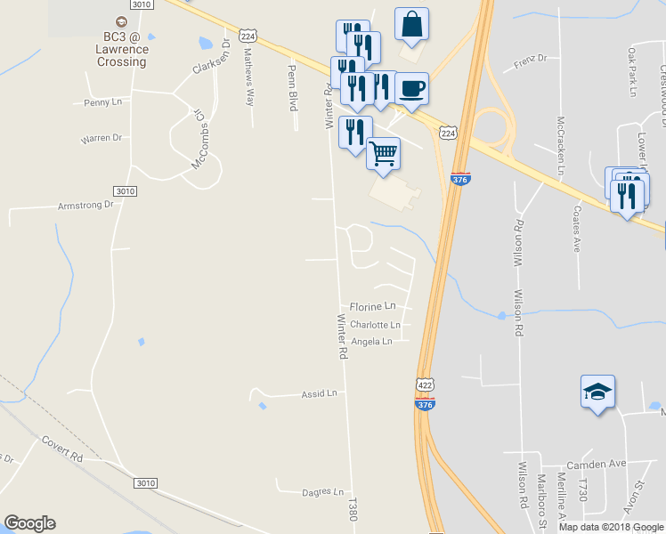 map of restaurants, bars, coffee shops, grocery stores, and more near 318 Winter Road in New Castle