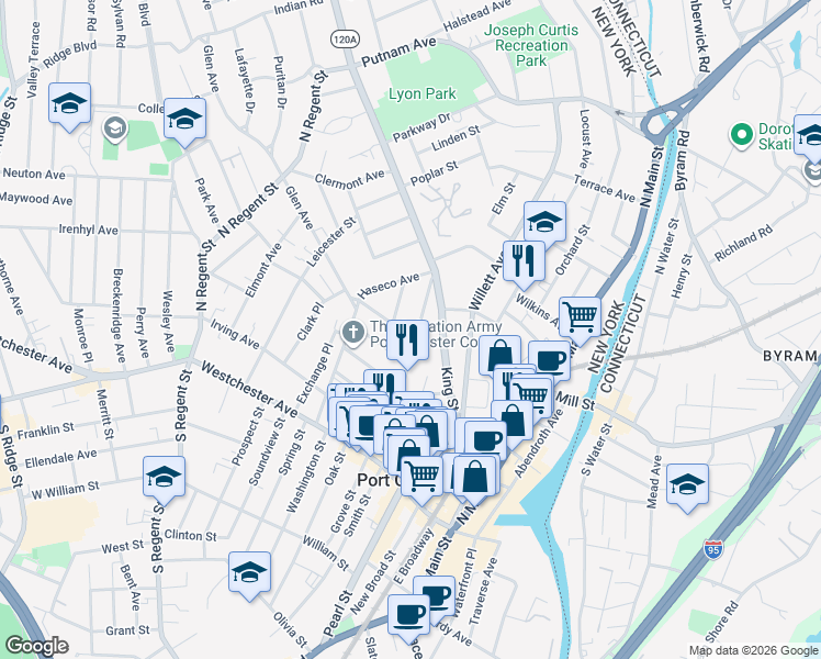 map of restaurants, bars, coffee shops, grocery stores, and more near 113 Poningo Street in Port Chester