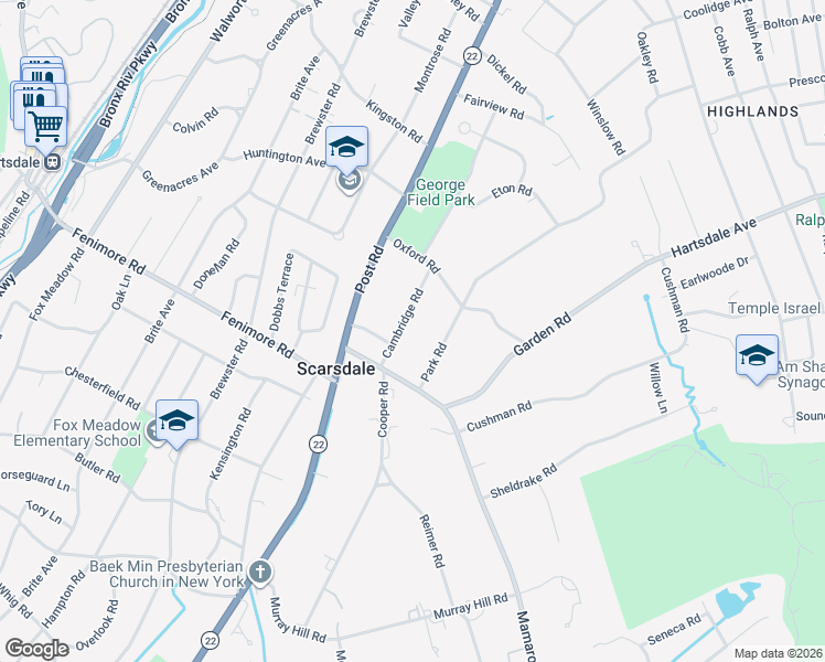 map of restaurants, bars, coffee shops, grocery stores, and more near 12 Cambridge Road in Scarsdale