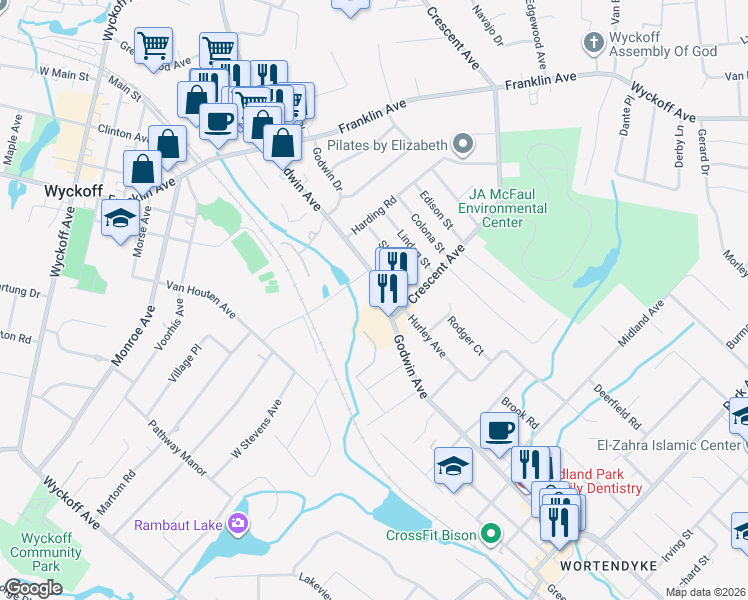 map of restaurants, bars, coffee shops, grocery stores, and more near 179 Godwin Avenue in Wyckoff