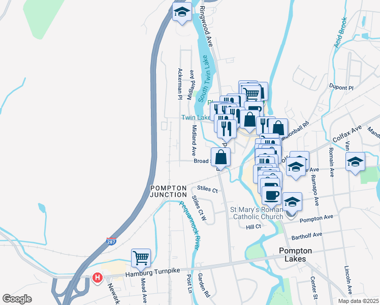 map of restaurants, bars, coffee shops, grocery stores, and more near 86 Broad Street in Pompton Lakes