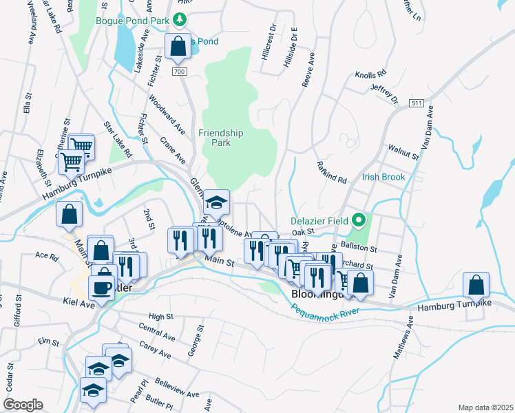 map of restaurants, bars, coffee shops, grocery stores, and more near 19 Valley View Street in Bloomingdale