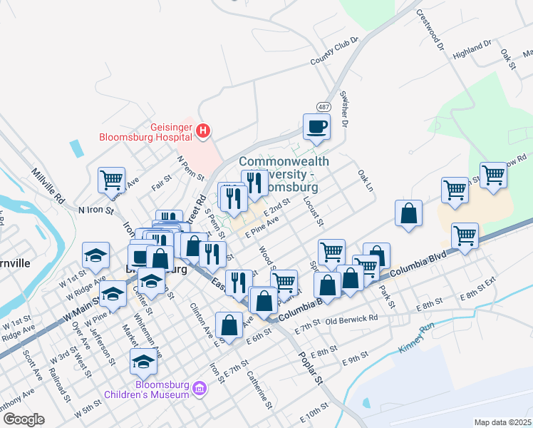 map of restaurants, bars, coffee shops, grocery stores, and more near East Pine Avenue in Bloomsburg