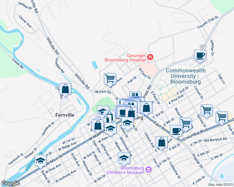 map of restaurants, bars, coffee shops, grocery stores, and more near 88 Iron Street in Bloomsburg