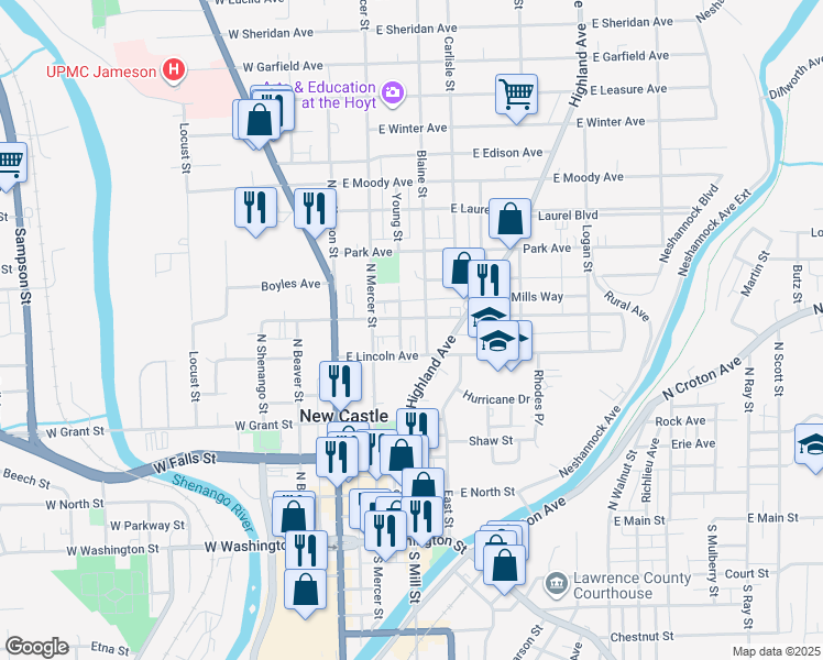 map of restaurants, bars, coffee shops, grocery stores, and more near 125 East Lincoln Avenue in New Castle