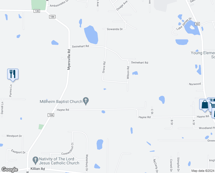 map of restaurants, bars, coffee shops, grocery stores, and more near 1826 Grace Road in Akron