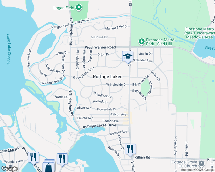 map of restaurants, bars, coffee shops, grocery stores, and more near 99 Winthrop Drive in Akron