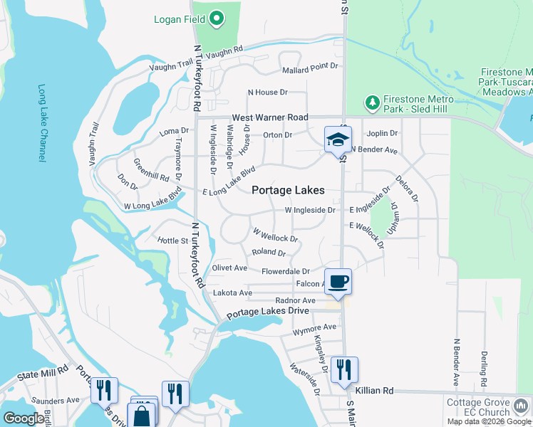 map of restaurants, bars, coffee shops, grocery stores, and more near 139 West Wellock Drive in Akron