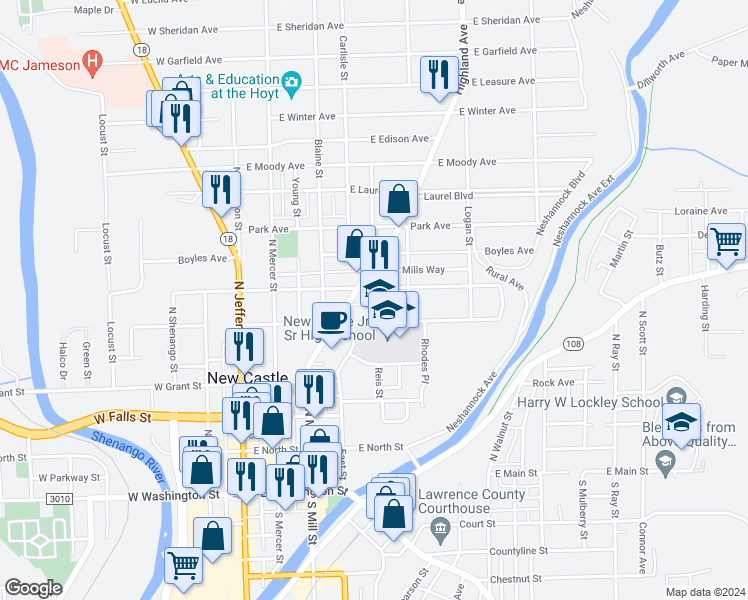 map of restaurants, bars, coffee shops, grocery stores, and more near 409 Reis Street in New Castle