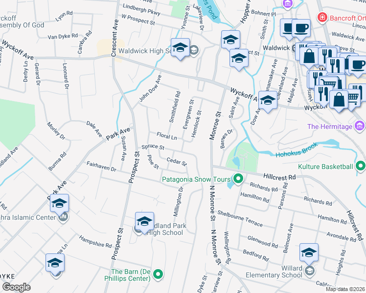 map of restaurants, bars, coffee shops, grocery stores, and more near 85 Evergreen Street in Midland Park