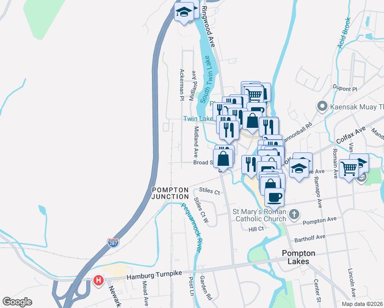 map of restaurants, bars, coffee shops, grocery stores, and more near 86 Broad Street in Pompton Lakes