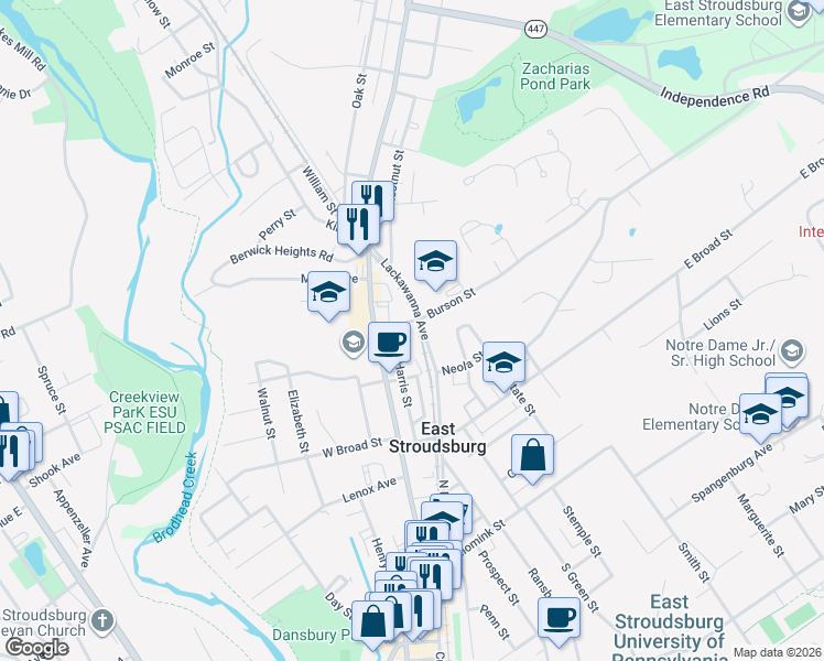 map of restaurants, bars, coffee shops, grocery stores, and more near 240 Harris Street in East Stroudsburg