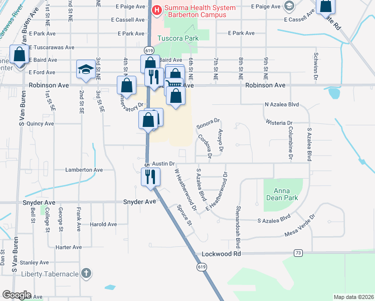 map of restaurants, bars, coffee shops, grocery stores, and more near 536f Austin Drive in Barberton