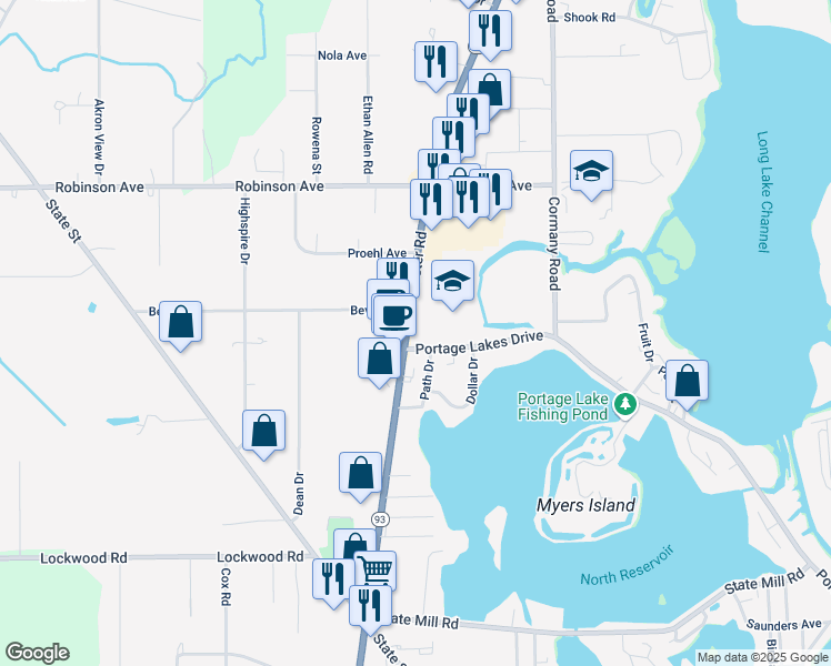 map of restaurants, bars, coffee shops, grocery stores, and more near 3451 Manchester Road in Akron