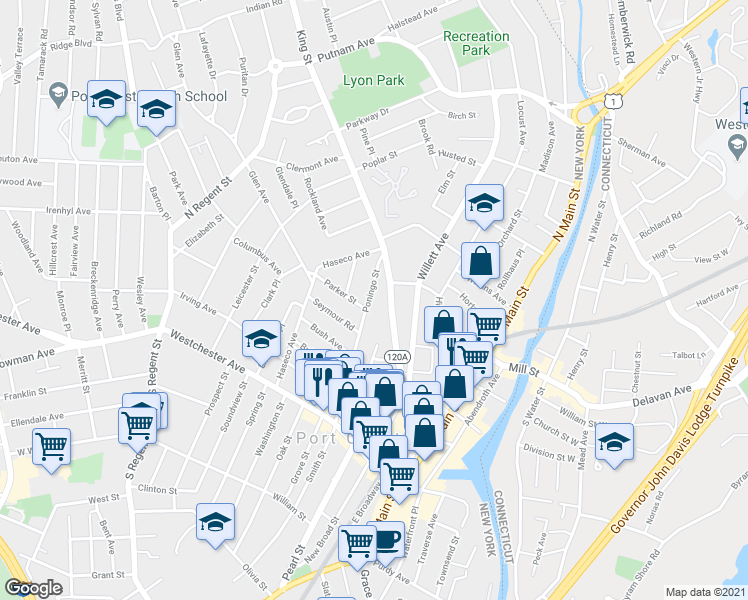 map of restaurants, bars, coffee shops, grocery stores, and more near 131 Poningo Street in Port Chester