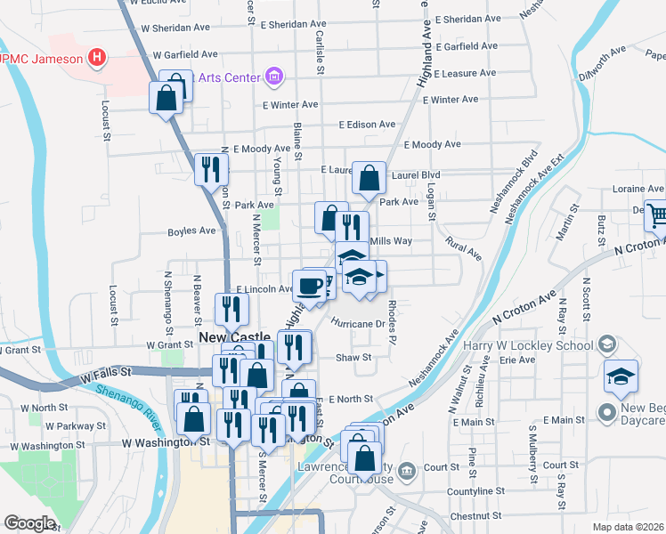 map of restaurants, bars, coffee shops, grocery stores, and more near 207 East Lincoln Avenue in New Castle