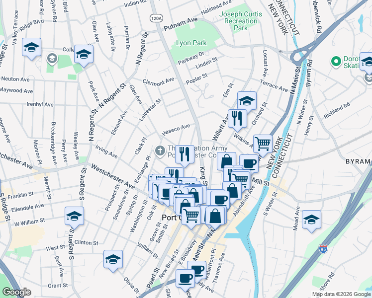 map of restaurants, bars, coffee shops, grocery stores, and more near 113 Poningo Street in Port Chester