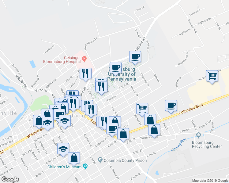 map of restaurants, bars, coffee shops, grocery stores, and more near East 2nd Street in Bloomsburg