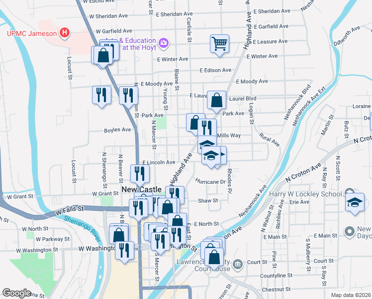 map of restaurants, bars, coffee shops, grocery stores, and more near 139 Mills Way in New Castle