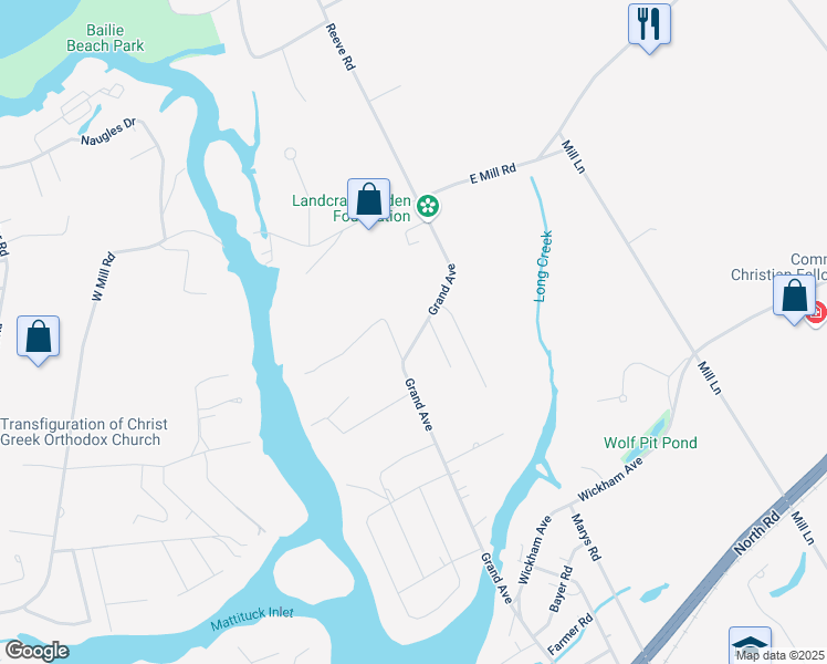 map of restaurants, bars, coffee shops, grocery stores, and more near 3865 Grand Avenue in Mattituck