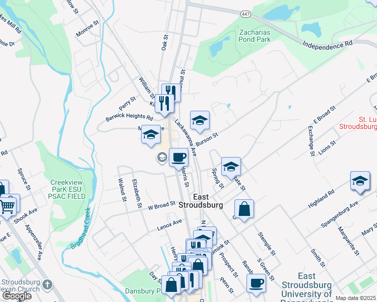 map of restaurants, bars, coffee shops, grocery stores, and more near in Stroudsburg